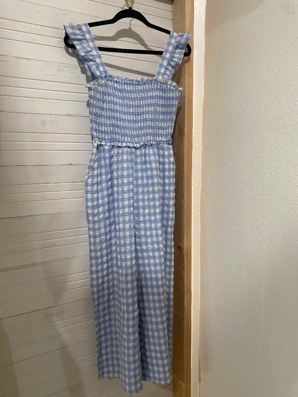 blue and white gingham jumpsuit
